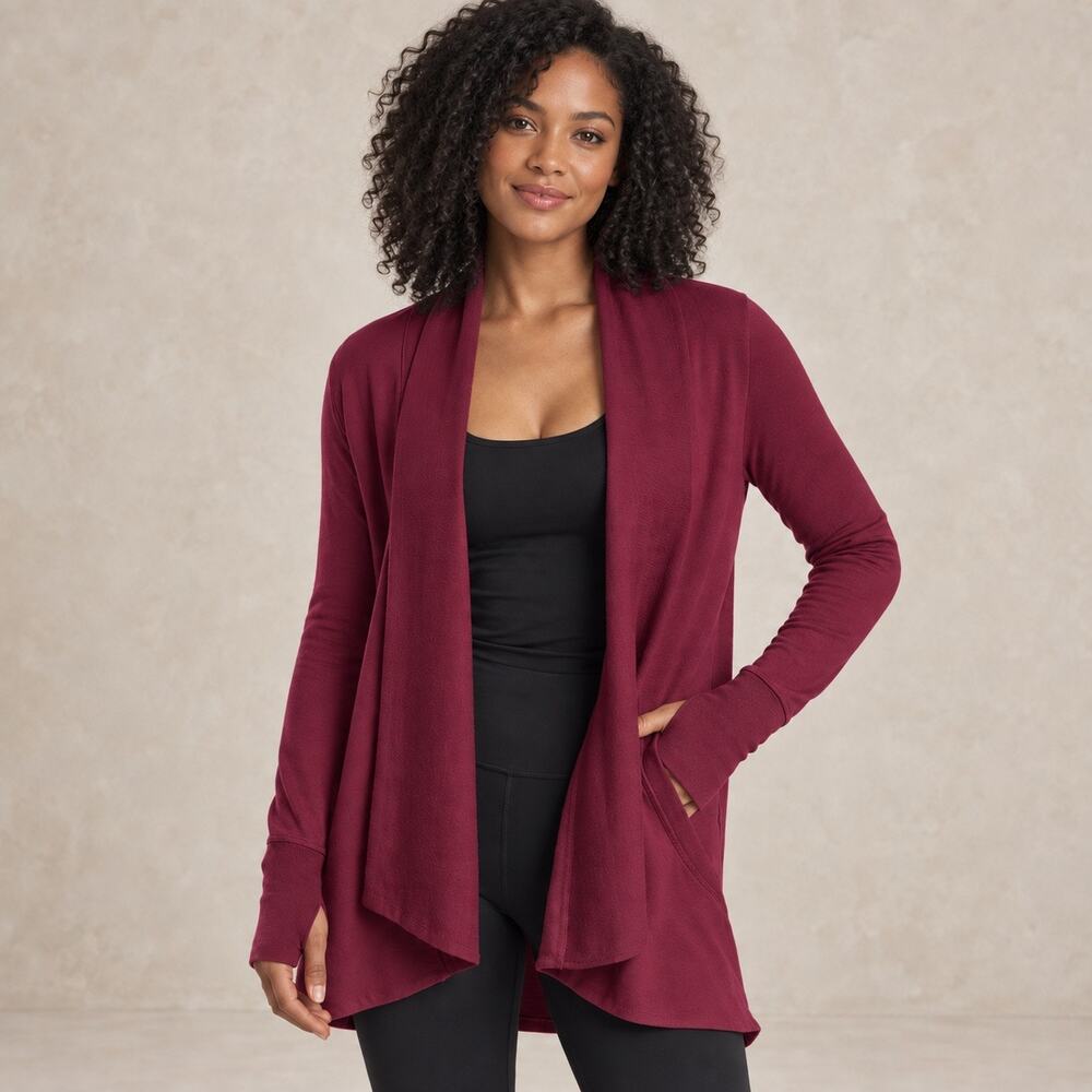 Athleta Victorian Berry Pranayama Wrap Cardigan Cozy Soft Pockets Relaxed Size M
